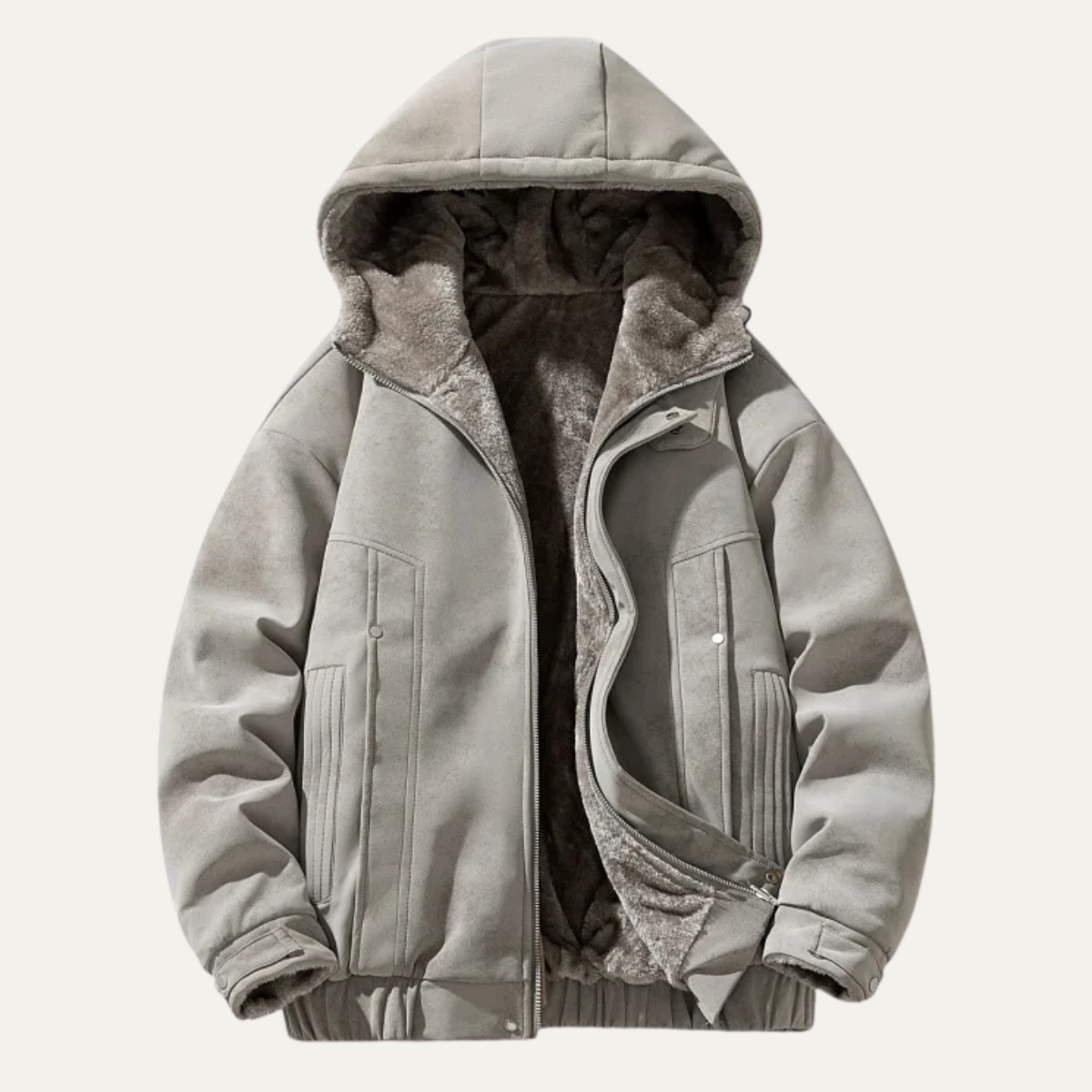 Men's sherpa-lined puffer jacket with hood, zip front, and side pockets, gray