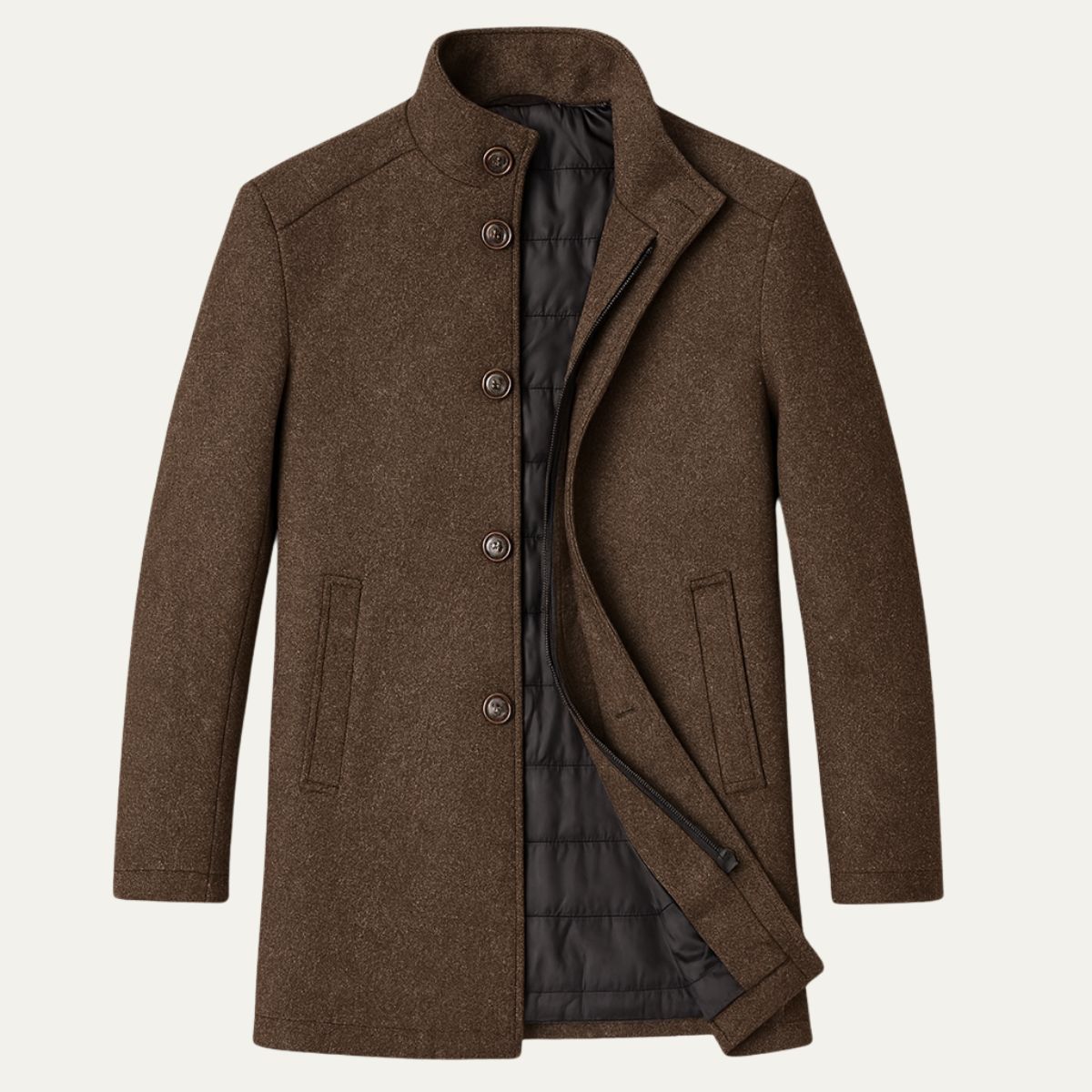 Brown wool overcoat with button front, stand collar, and welt pockets