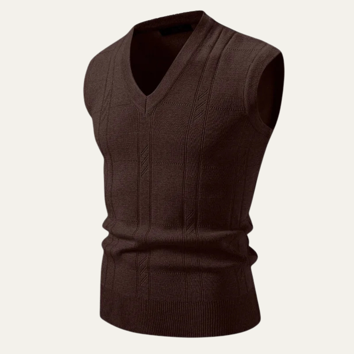 Men's knitted V-neck tank vest, brown, sleeveless with ribbed hem and vertical stitch design