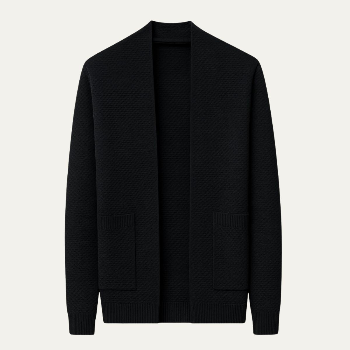 Men's black open-front knit cardigan with patch pockets and ribbed cuffs