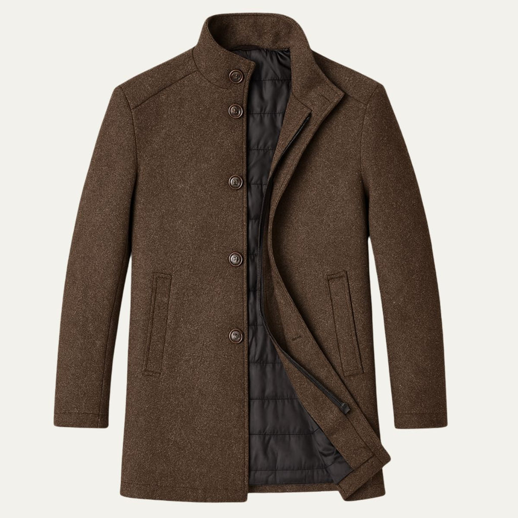Brown wool overcoat with stand collar, button front, and quilted inner lining.