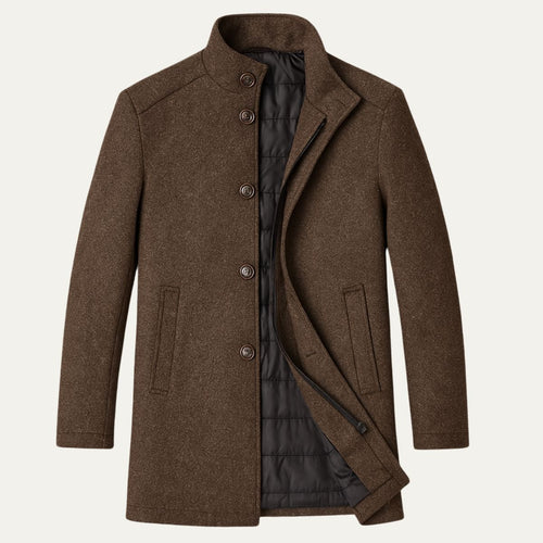 Brown wool overcoat with stand collar, button front, and quilted inner lining.