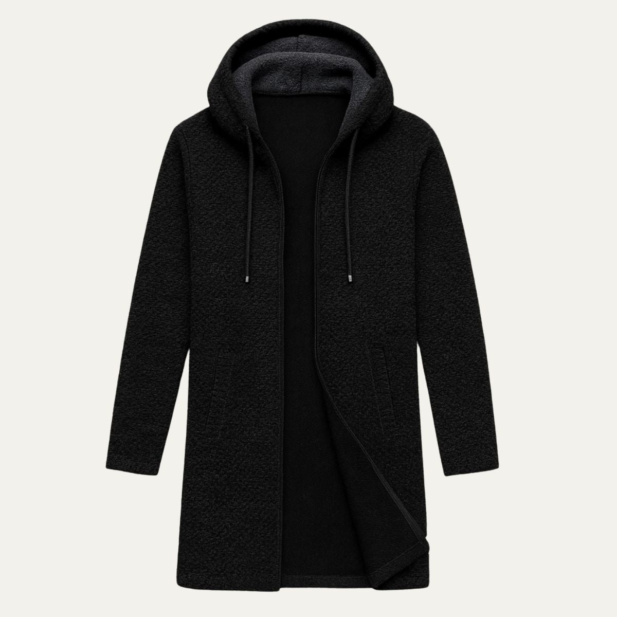 Men's solid black hooded knit cardigan with drawcord hood and open front