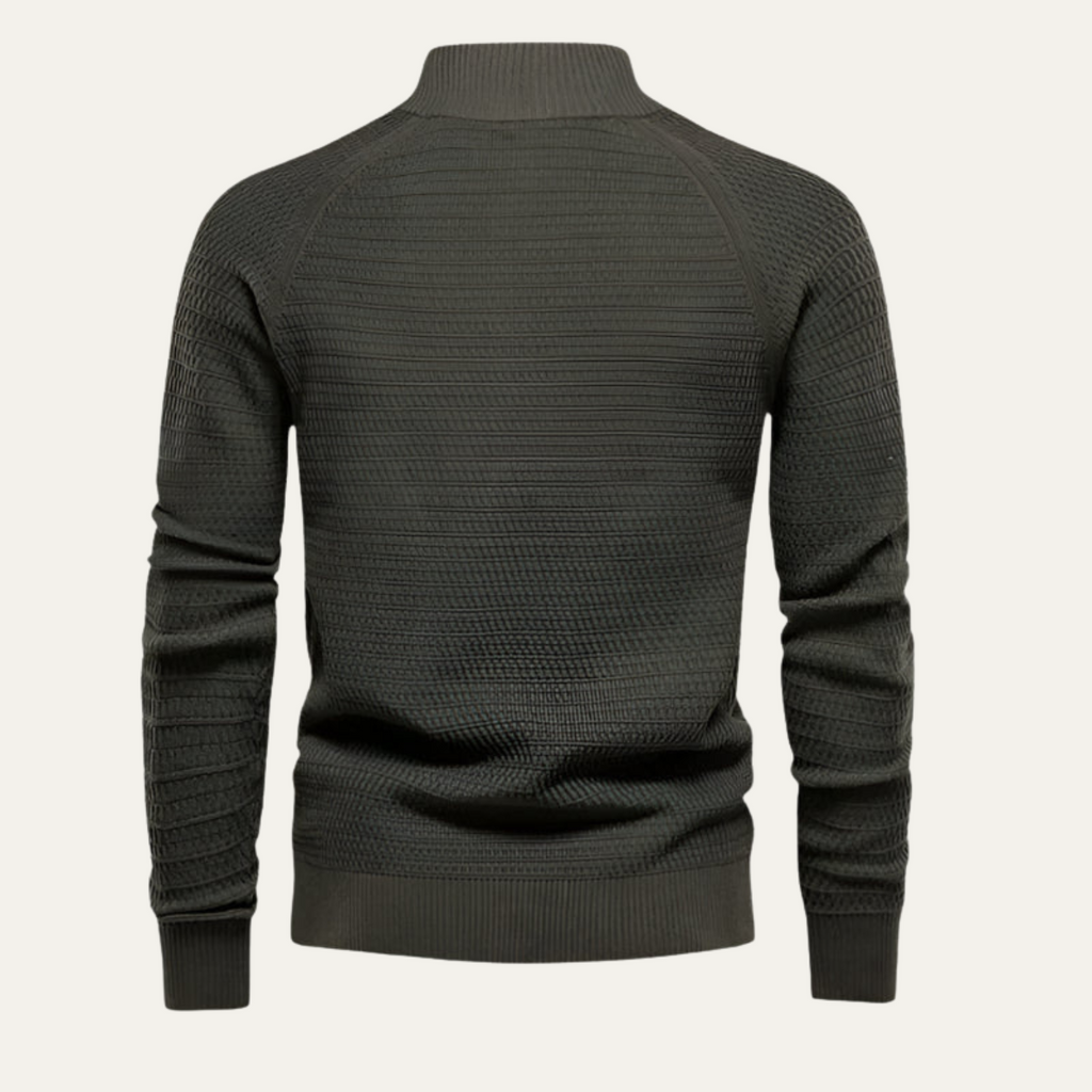 Men's dark green knit cardigan, rear view with ribbed hem and cuffs.