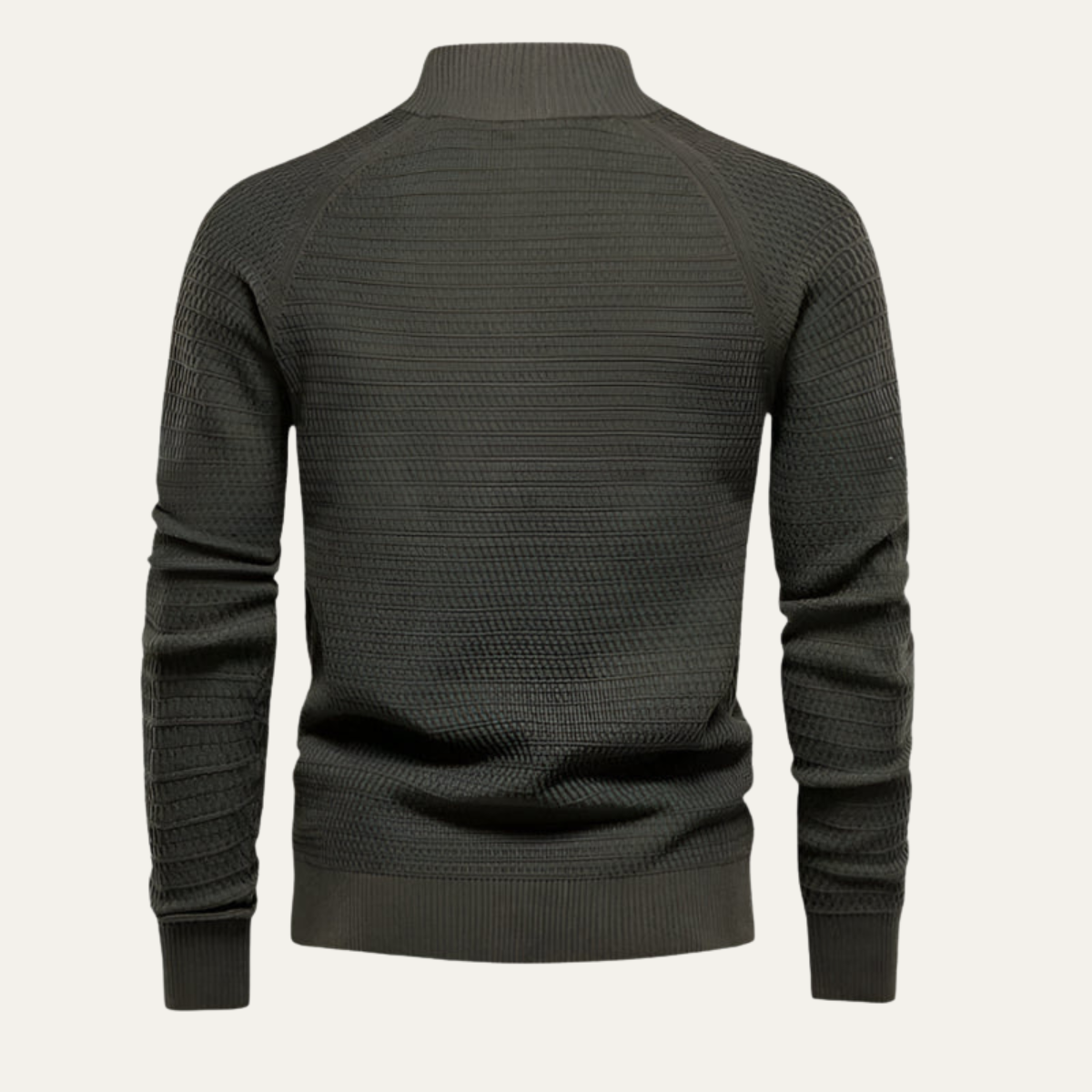 Men's dark green knit cardigan, rear view with ribbed hem and cuffs.