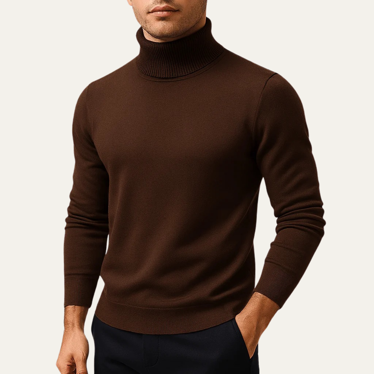 Brown men's turtleneck knit sweater with ribbed collar and cuffs