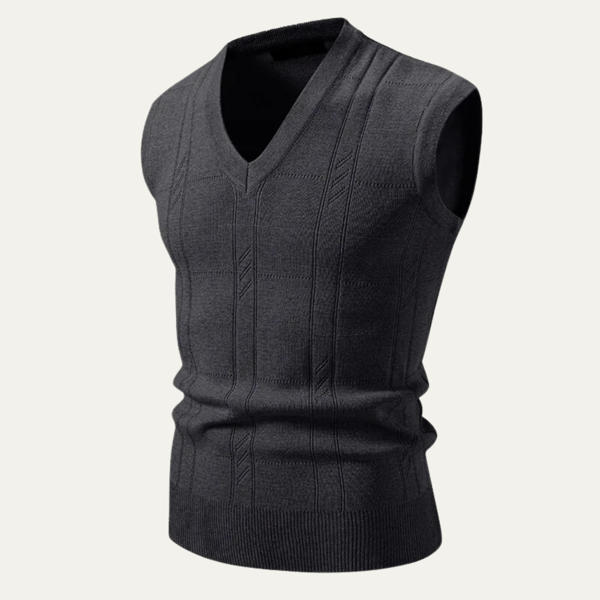 Men's knitted V-neck tank vest, dark gray, sleeveless with ribbed hem and patterned center panel