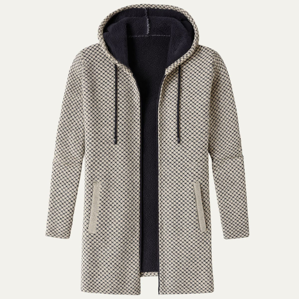 Men's hooded knit cardigan, longline, beige and black check with black hood lining