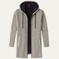 Men's hooded knit cardigan, longline, beige and black check with black hood lining