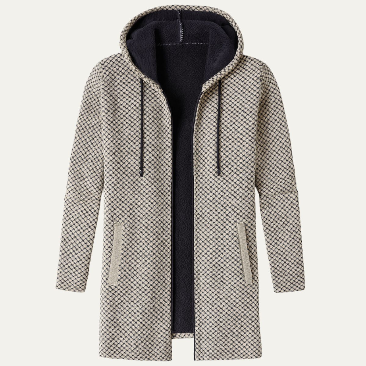 Men's hooded knit cardigan, longline, beige and black check with black hood lining