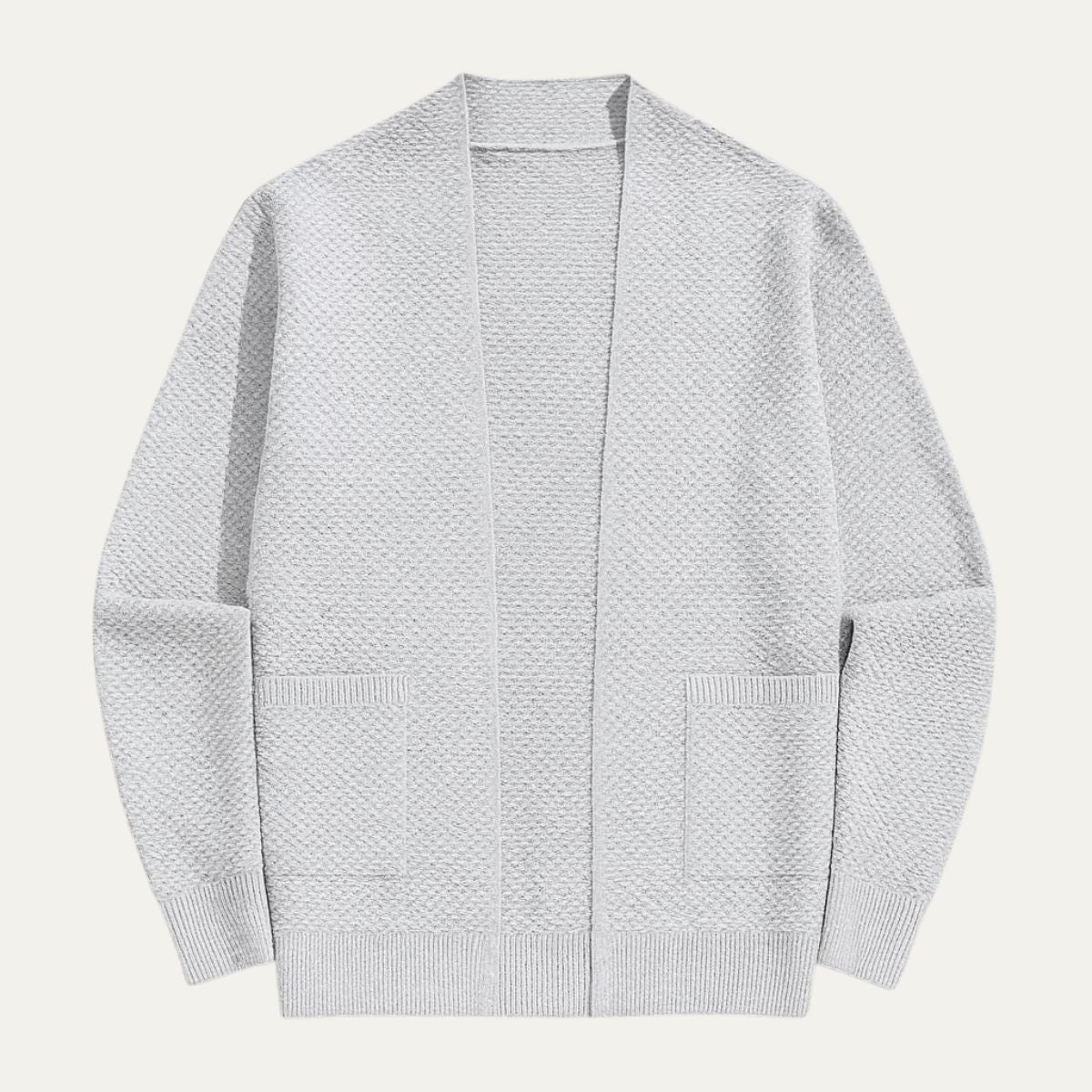 Men's open-front knit cardigan, light gray with long sleeves and front pockets