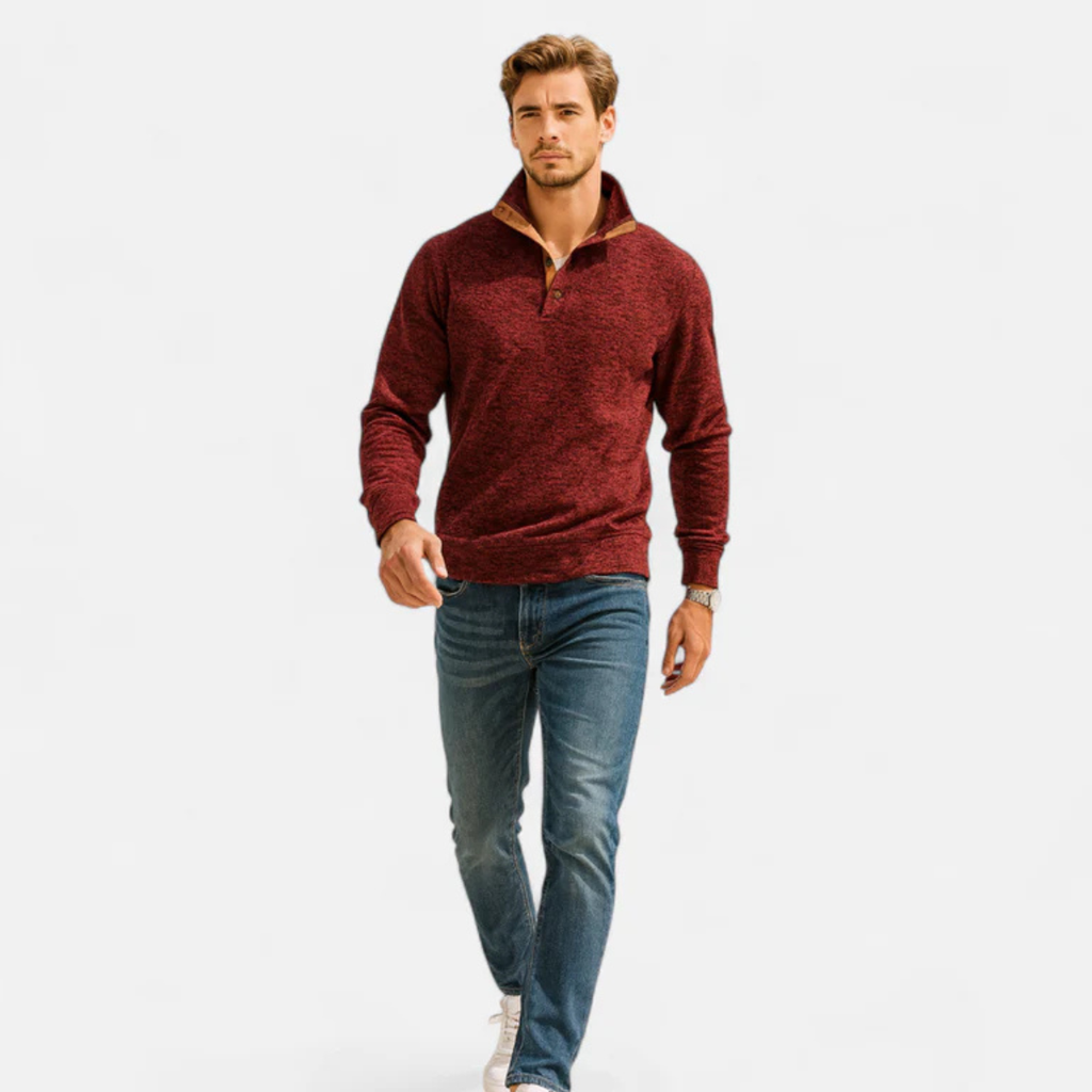 Men's burgundy quarter-zip knit sweater with leather-look elbow patches