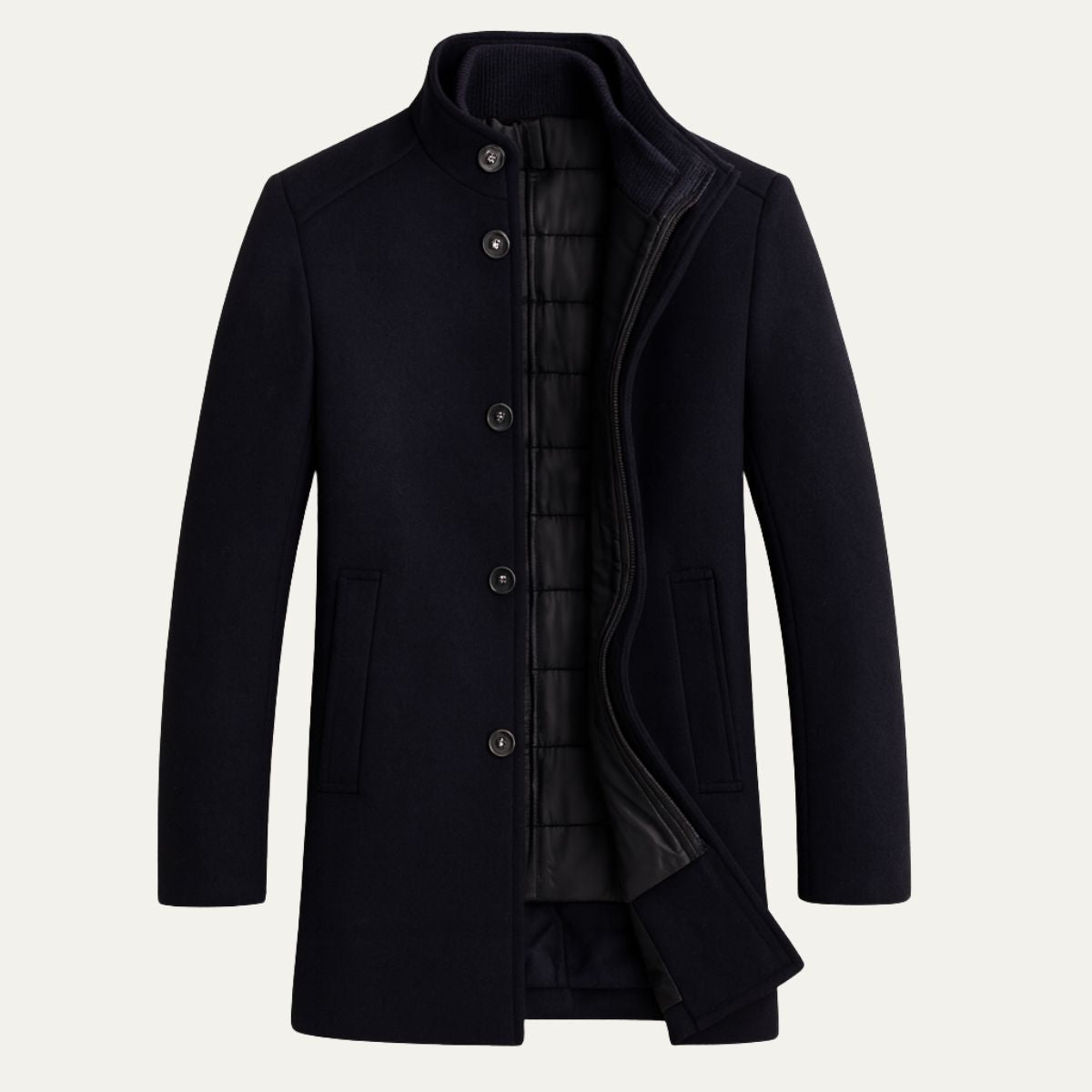 Navy wool overcoat with button front, stand collar, and flap pockets