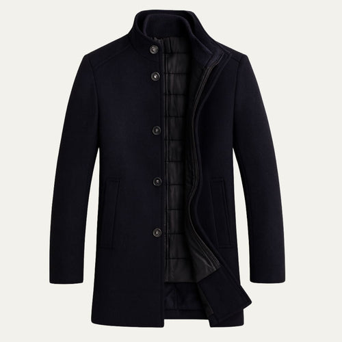 Navy wool overcoat with button front, stand collar, and flap pockets