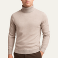 Light gray men's turtleneck knit sweater with ribbed collar and hem