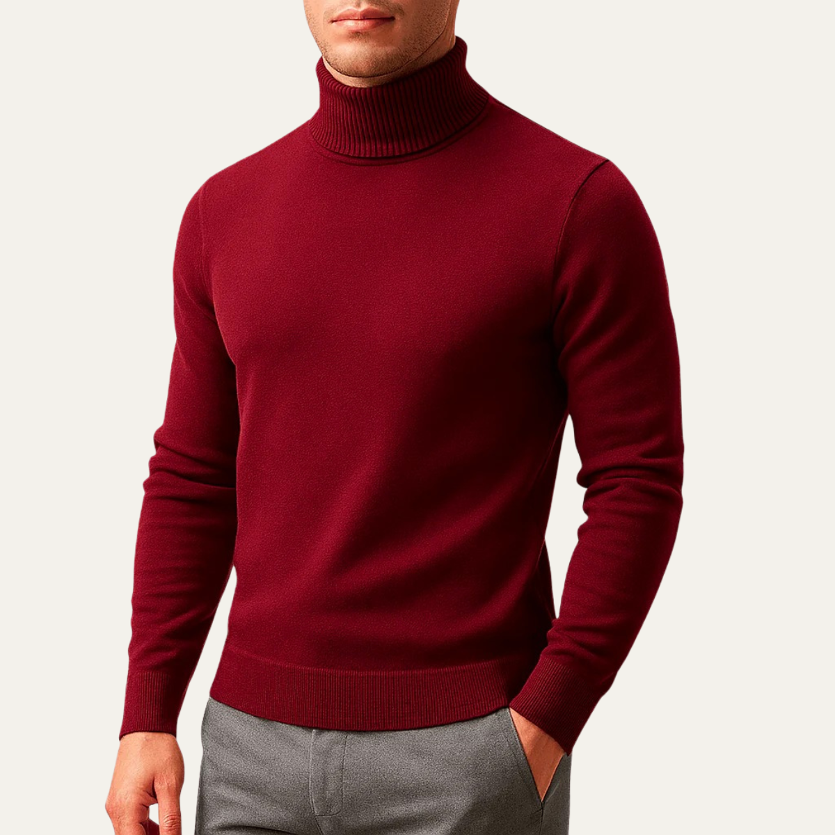 Red men's turtleneck knit sweater with ribbed collar, cuffs, and hem