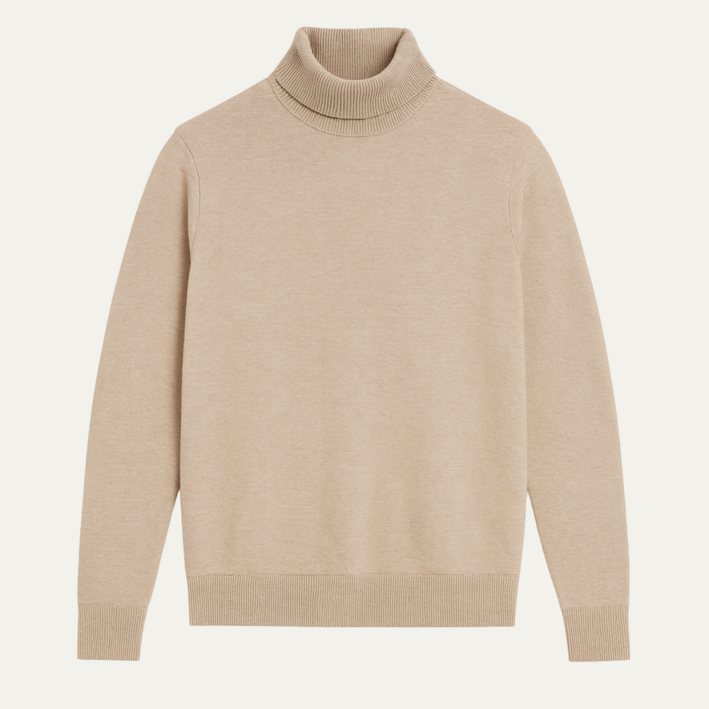 Beige men's turtleneck knit sweater with ribbed collar, cuffs, and hem