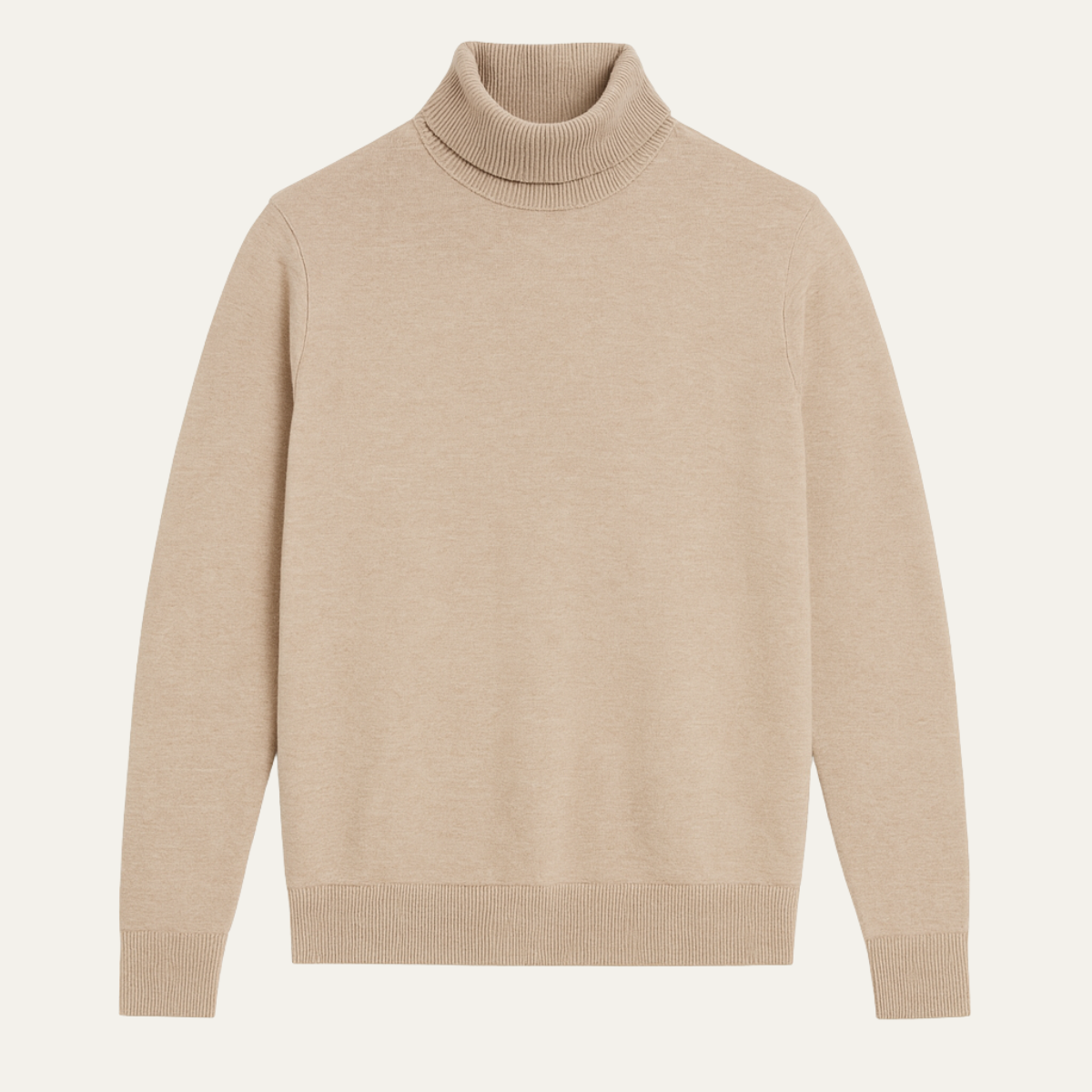 Beige men's turtleneck knit sweater with ribbed collar, cuffs, and hem