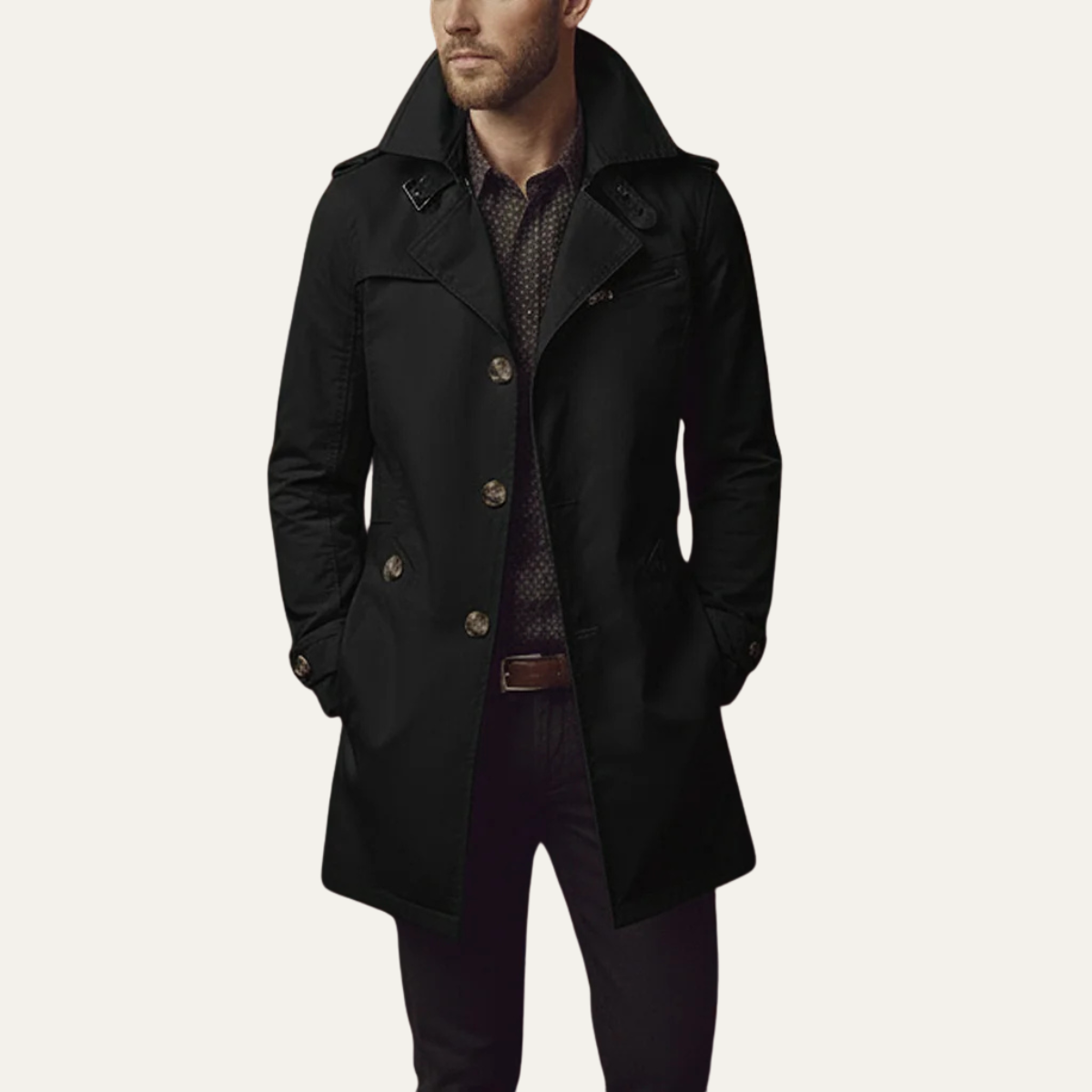 Men's black trench coat with notched lapels, button front, and side flap pockets