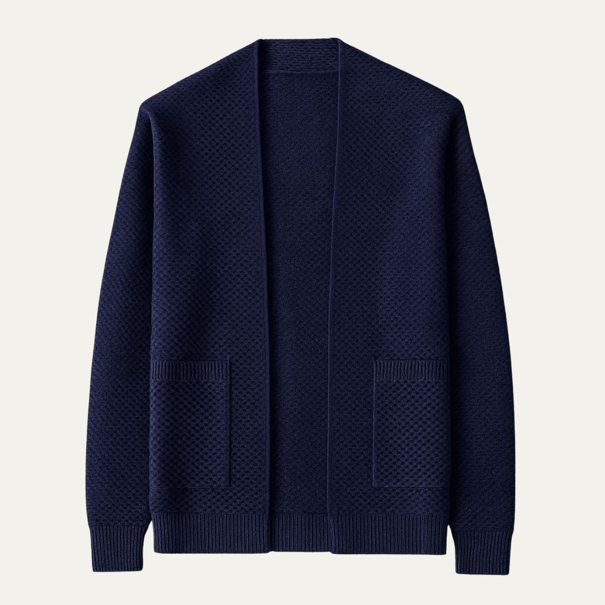 Men's navy blue open-front knit cardigan with patch pockets and ribbed cuffs