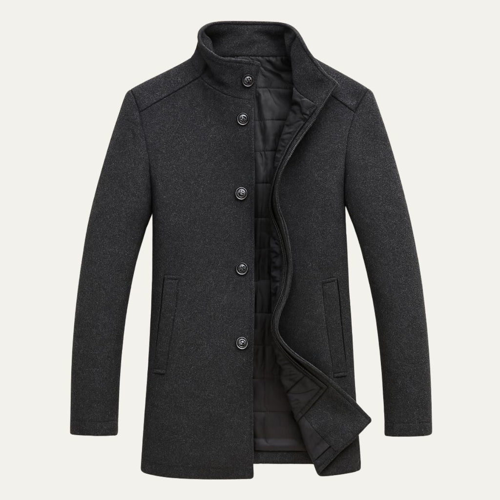 Men's wool overcoat, dark button-front, stand collar, side pockets
