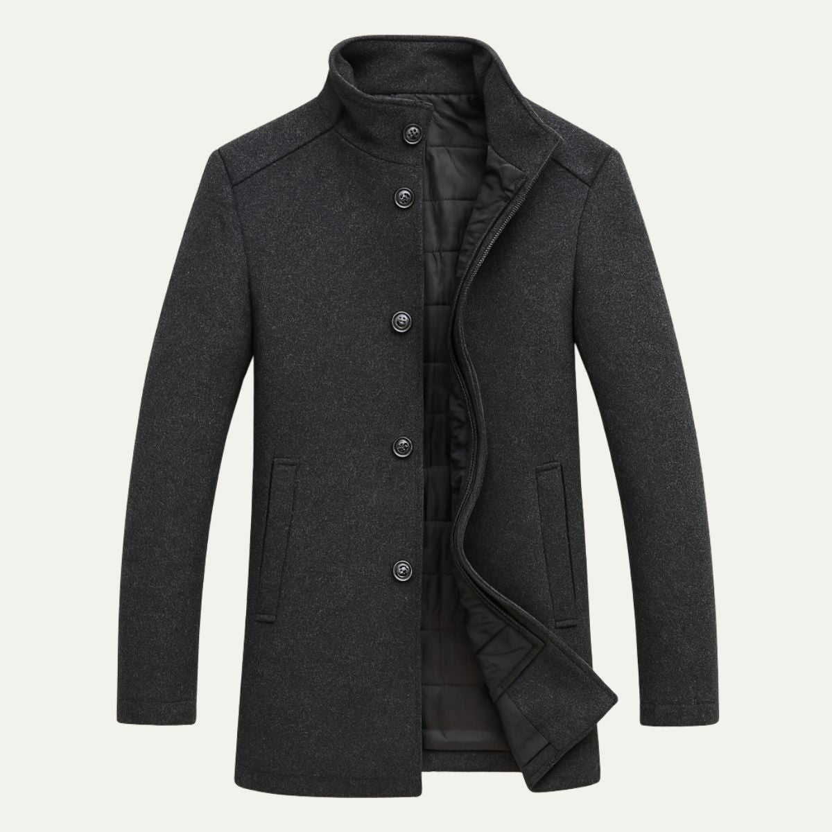 Men's wool overcoat, dark button-front, stand collar, side pockets