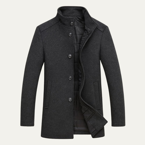 Men's wool overcoat, dark button-front, stand collar, side pockets