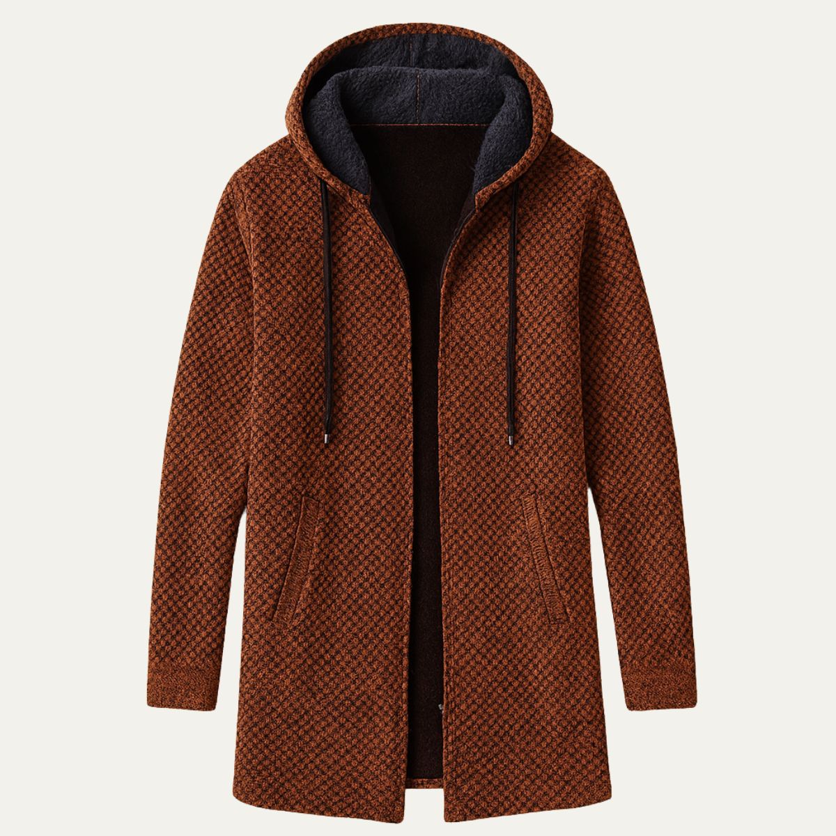Men's hooded knit cardigan, longline, rust and black check with black hood lining