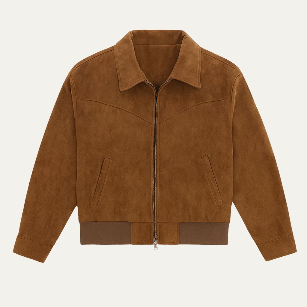 Brown suede men's zip-up jacket with point collar, front zipper, and flap pockets