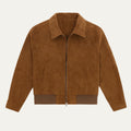 Brown suede men's zip-up jacket with point collar, front zipper, and flap pockets