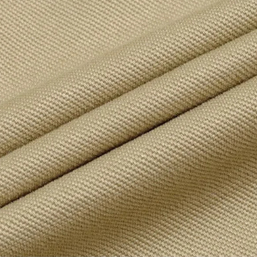 Men's tan trench coat fabric close-up showing textured weave