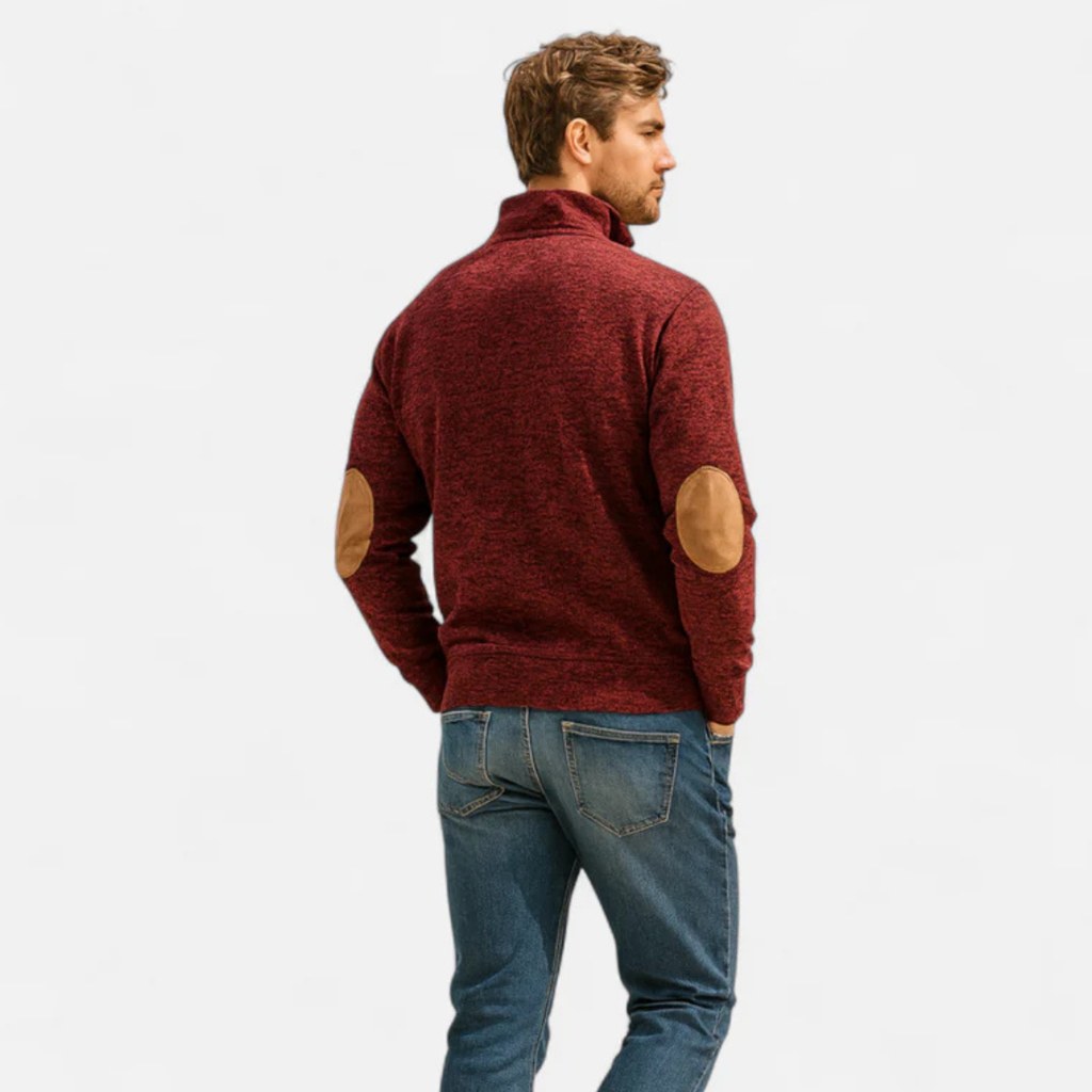 Men's burgundy knit sweater with leather-look elbow patches, rear view