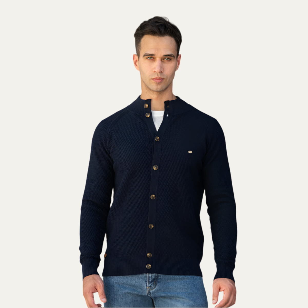 Men's navy blue cardigan with V-neck placket, gold buttons, and ribbed cuffs.
