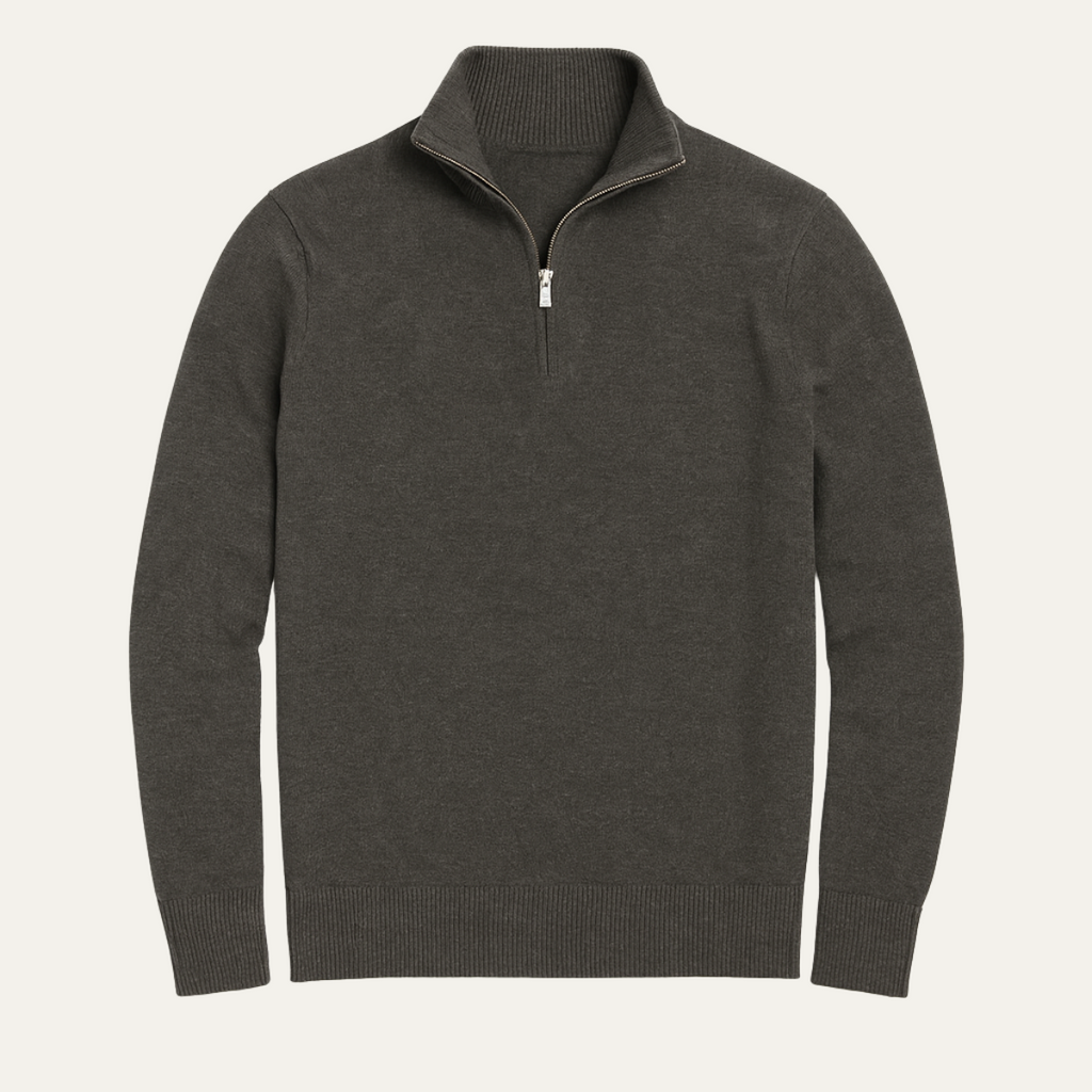Men's dark gray quarter-zip knit sweater, ribbed collar and cuffs