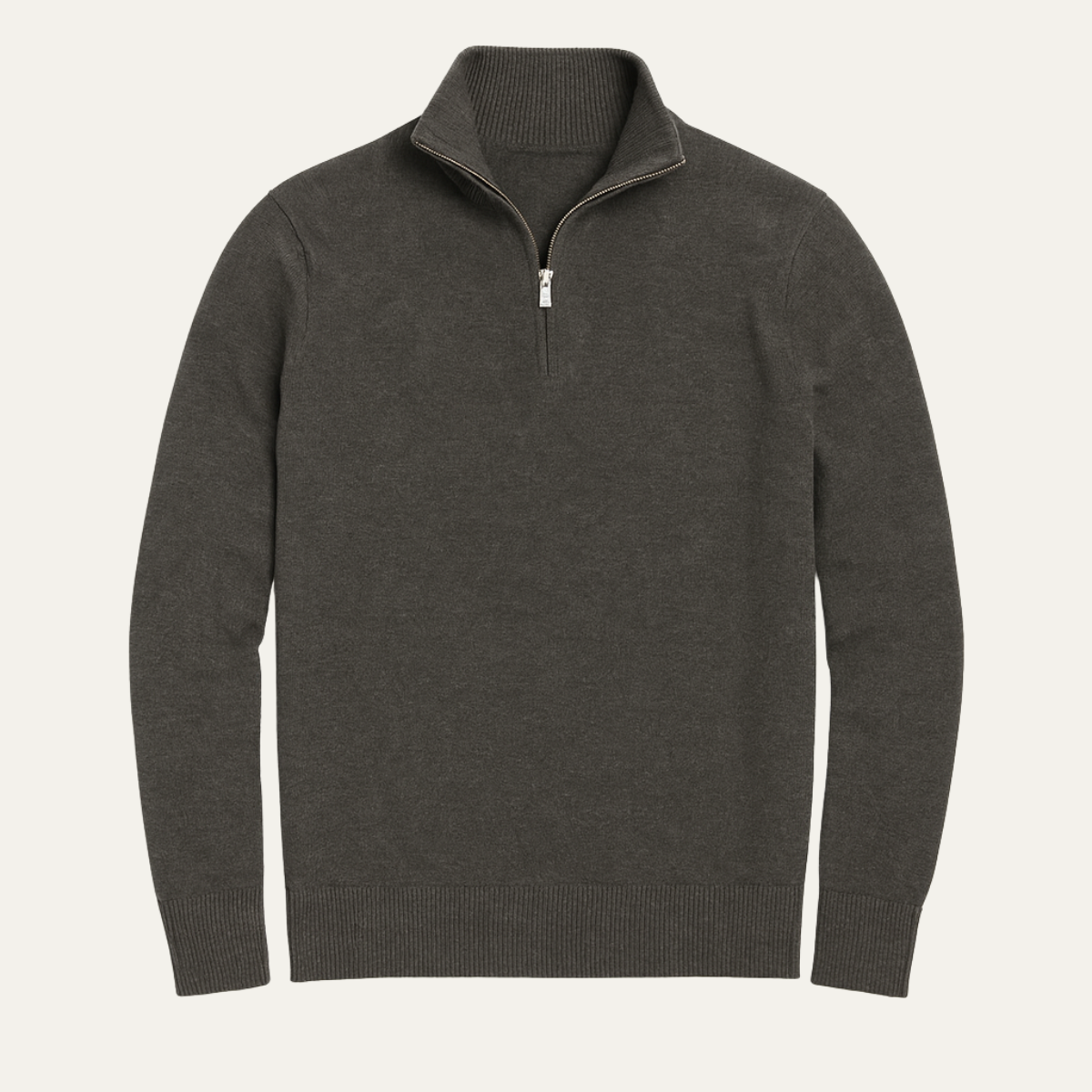 Men's dark gray quarter-zip knit sweater, ribbed collar and cuffs