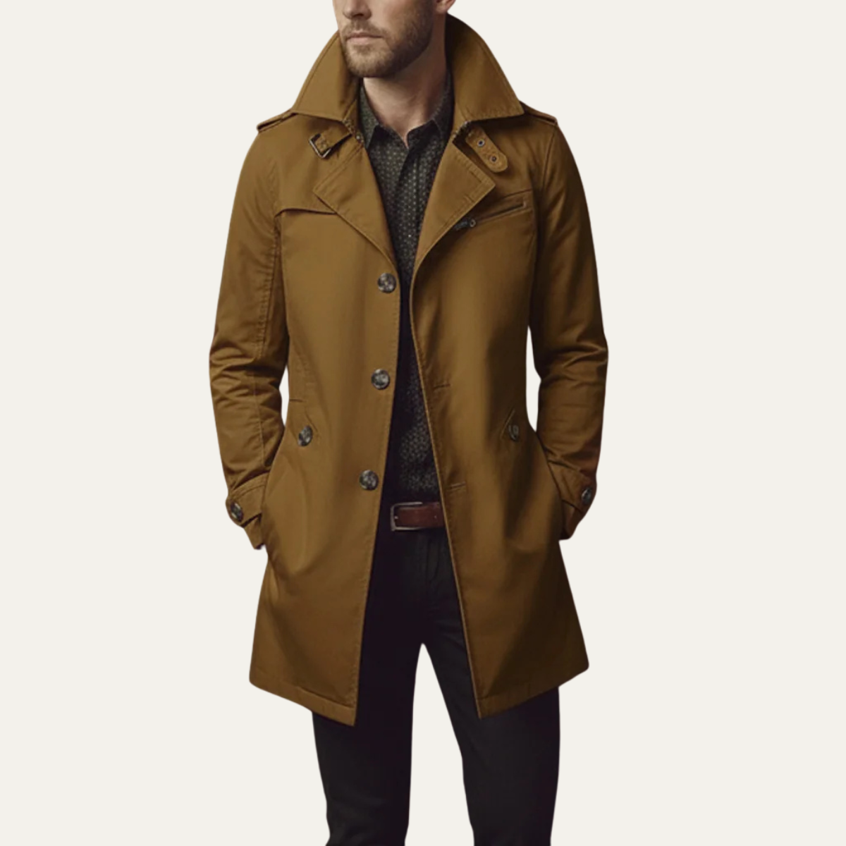 Men's brown trench coat with notched lapels, button front, and flap patch pockets