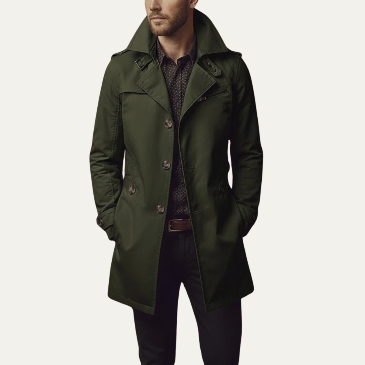 Men's olive green trench coat with notched lapels, button front, and flap patch pockets