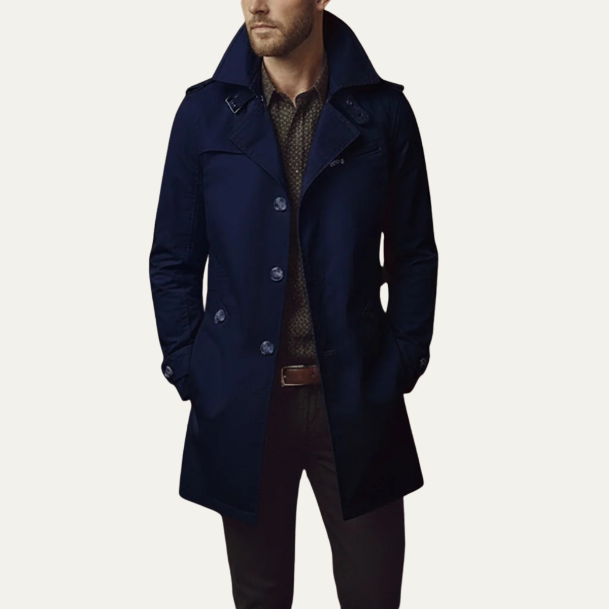 Men's navy trench coat with notched lapels, button front, and flap patch pockets