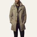 Men's khaki trench coat, single breasted with notched lapels and buttoned front