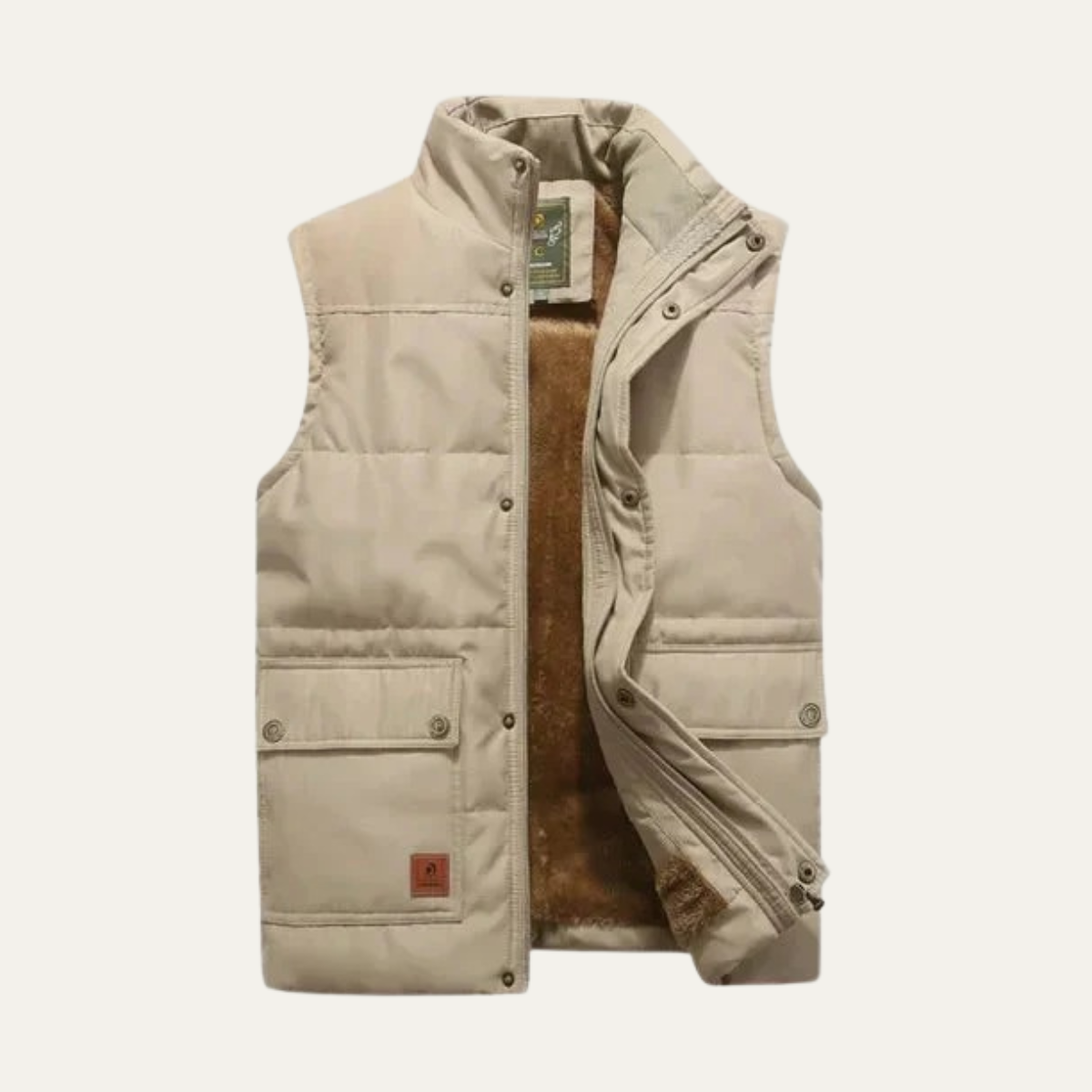 Men's warm fleece-lined winter vest, khaki, stand collar, button front, chest pockets