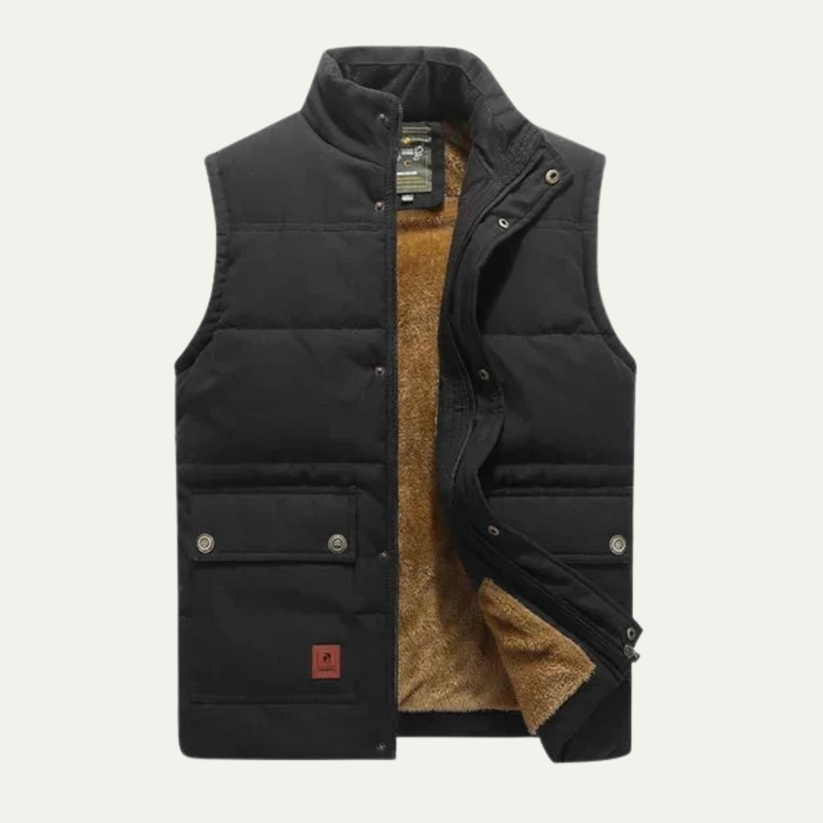 Men's black fleece-lined winter vest opened to show tan sherpa lining, button front