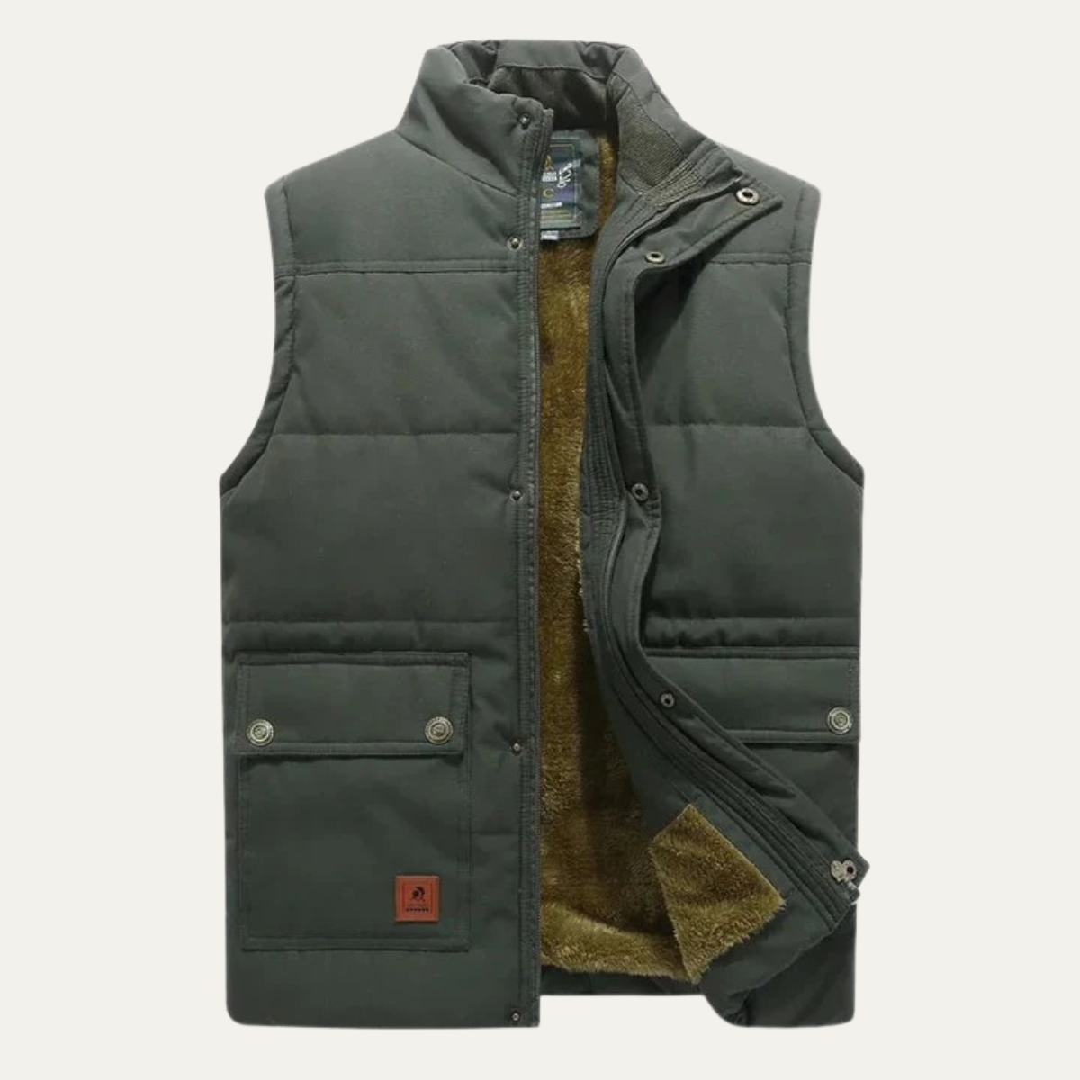 Men's fleece-lined winter vest, dark olive green, quilted puffer with zip front