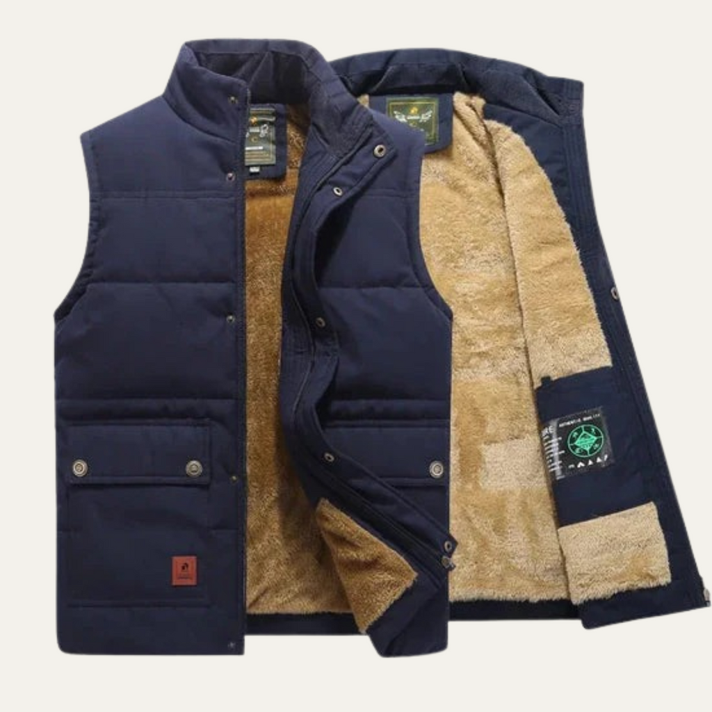 Men's navy fleece-lined vest opened to show tan sherpa lining, button front and chest pockets
