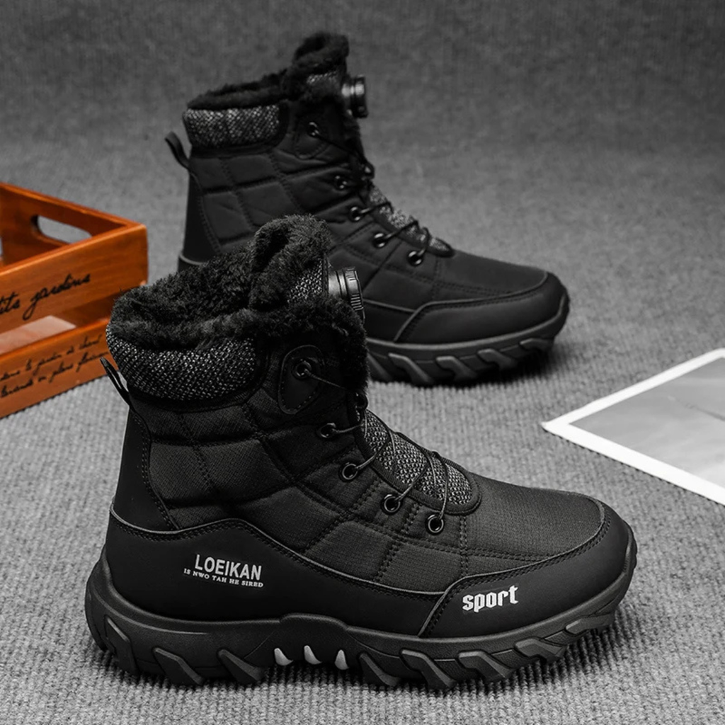 Men's black fur-lined lace-up snow boots, quilted upper and grippy outsole