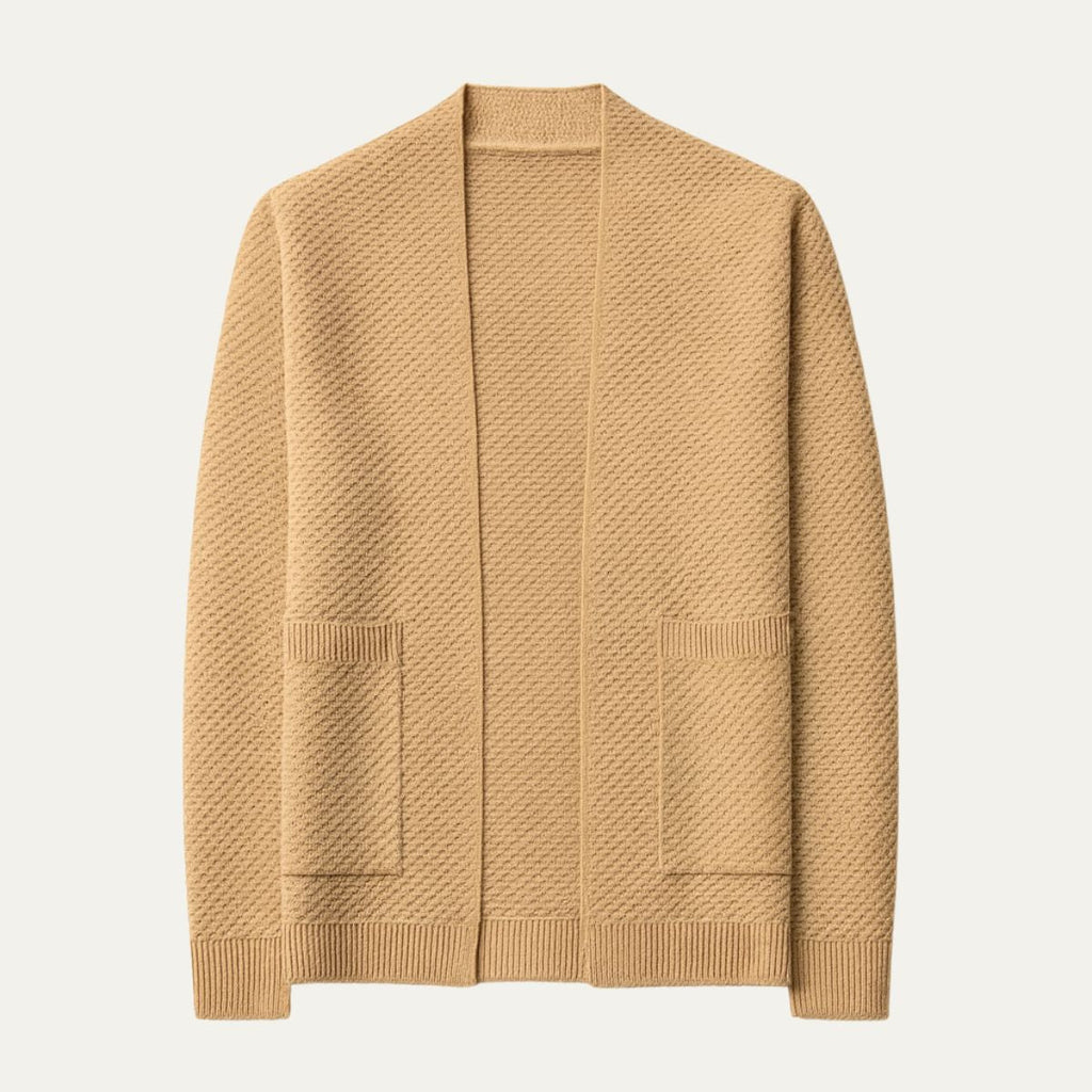 Men's khaki open-front knit cardigan with ribbed cuffs and patch pockets