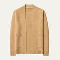 Men's khaki open-front knit cardigan with ribbed cuffs and patch pockets