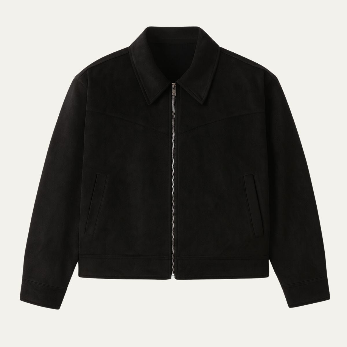Black suede men's zip-up jacket with point collar, center zipper, and flap pockets