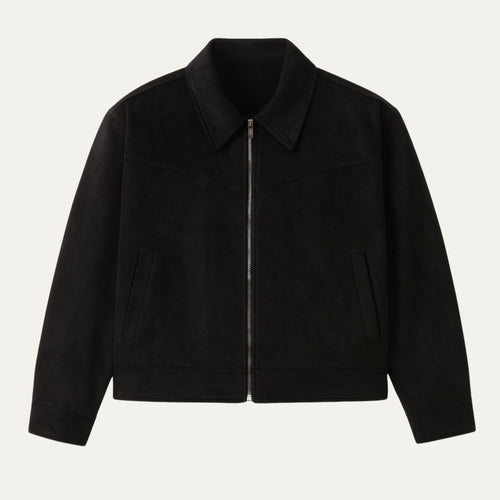 Black suede men's zip-up jacket with point collar, center zipper, and flap pockets