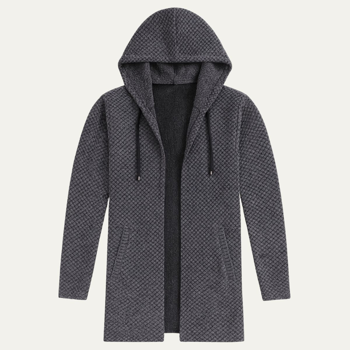 Men's textured gray hooded knit cardigan with black trim and drawcord hood