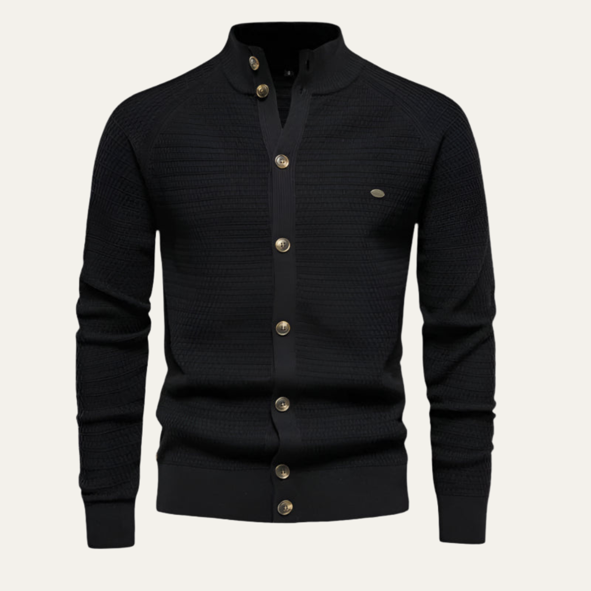 Men's black cardigan with button-front and ribbed cuffs and hem; small chest pocket.